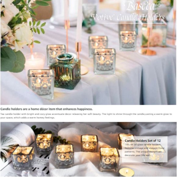 Set of 12 - Square Silver Mercury Glass Tea Light / Votive Candle Holders - Picture 12 of 13